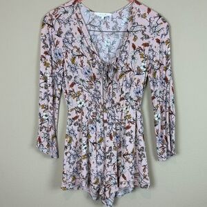 ASTR "The Label" Pink Floral Romper with Elastic Waist/Eye Hook and Tie V-Neck